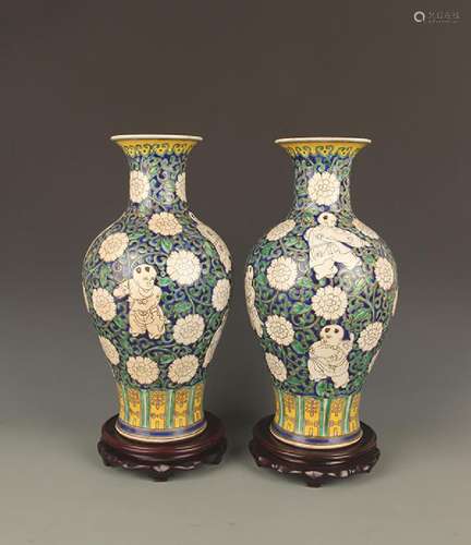 PAIR OF CHILDREN PAINTED PORCELAIN JAR