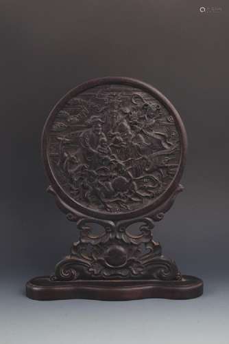 A LONGEVITY GOD CARVING ZI TAN MU TABLE SCREEN