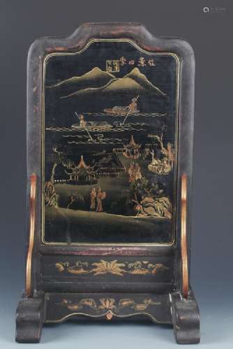 A PAINTED WOODEN CHINESE LACQUER TABLE SCREEN