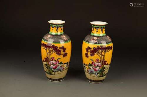 PAIR OF ENAMEL COLOR STORY PATTERN DECORATIONAL VASE