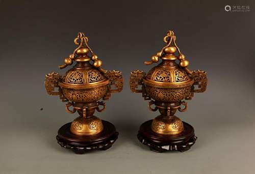 PAIR OF FINELY CARVED BRONZE AROMATHERAPY