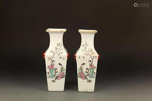 PAIR OF FAMILLE-ROSE SQUIRE PORCELAIN JAR