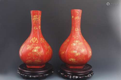 PAIR OF WOOD CHINESE LACQUER MELON SHAPED BOTTLE