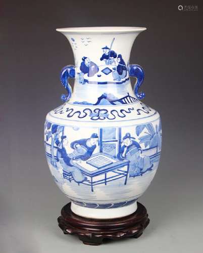 BLUE AND WHITE STORY PATTERN ELEPHANT EAR PORCELAIN