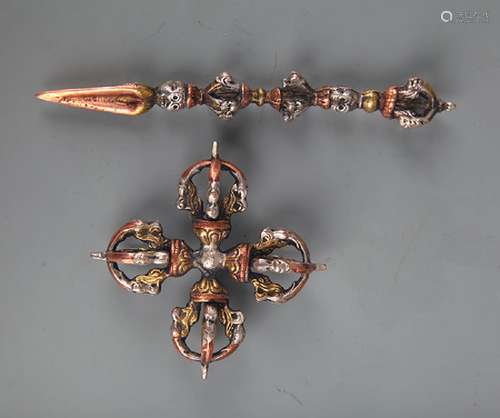 GROUP OF TWO TIBETAN VAJRA AND PHURBA