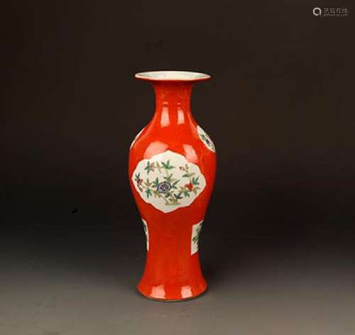 CORAL RED GROUND FAMILLE ROSE GUAN YIN JAR