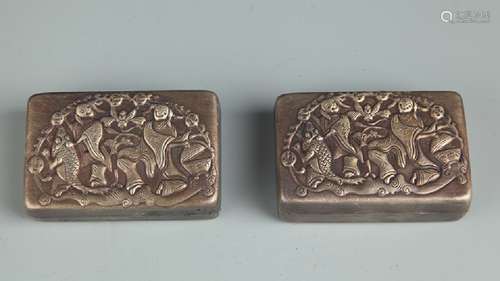 GROUP OF TWO FINELY CARVED BRONZE INK BOX