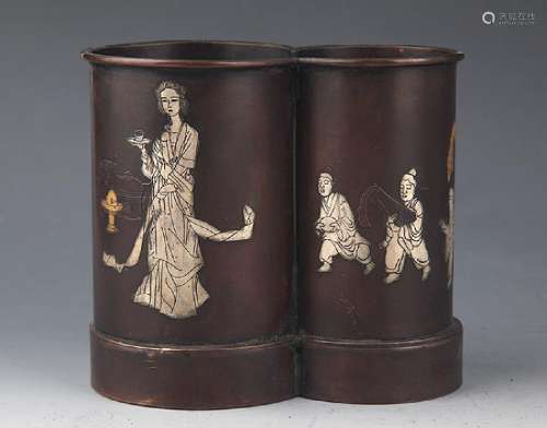 A STORY CARVED BRONZE BAMBOO LIKE BRUSH POT
