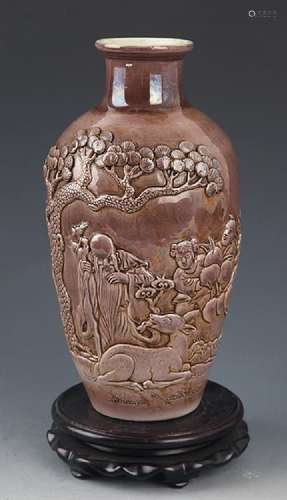 A FINE CARVED BROWN COLOR PORCELAIN BOTTLE