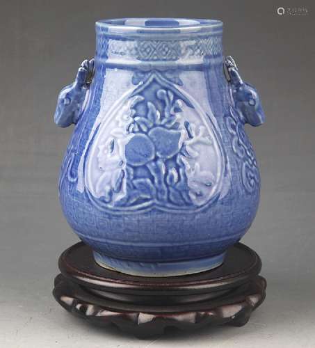 A BLUE GLAZED ELEPHANT EAR PORCELAIN JAR