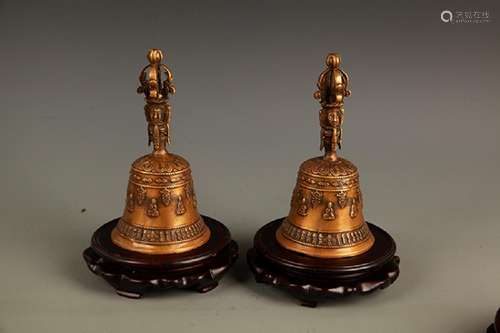 PAIR OF FINELY CARVED TIBETAN BRONZE BELL