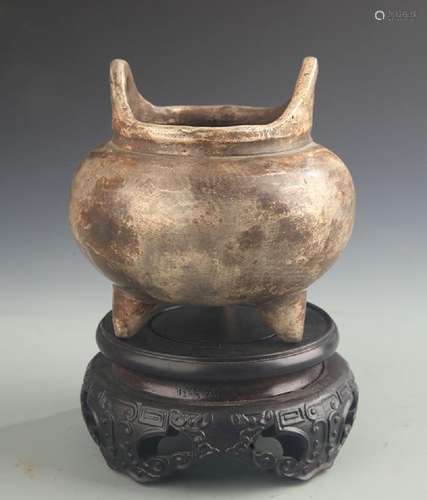 A DOUBLE EAR THREE FOOT BRONZE CENSER