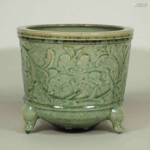 Large Longquan Censer with Carved Peony Scroll, early Yuan Dynasty