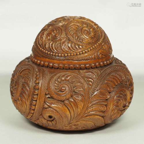 Hand Carved Wood Lidded Vessel with Fern Design