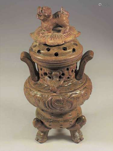 Celadon Tripod Censer with Qilin on Lotus Lid, Eastern Han-Six Dynasties