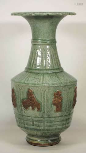 Large Longquan Vase with Biscuit-Decorated 8 Immortals, early Yuan Dynasty