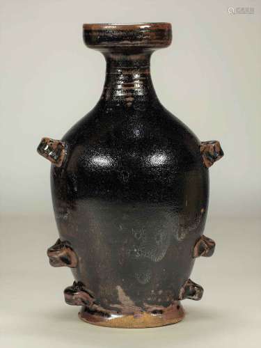 Black Glaze Pilgrim Flask with 6 Lugs, late Tang-5 Dynasties