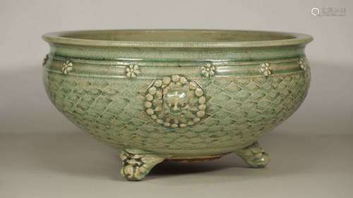 Longquan Large Tripod Censer with Moulded Qilin Face, early Yuan Dynasty