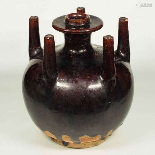 Black Glaze vessel, Song Dynasty. Globular Five Tubes Vessel