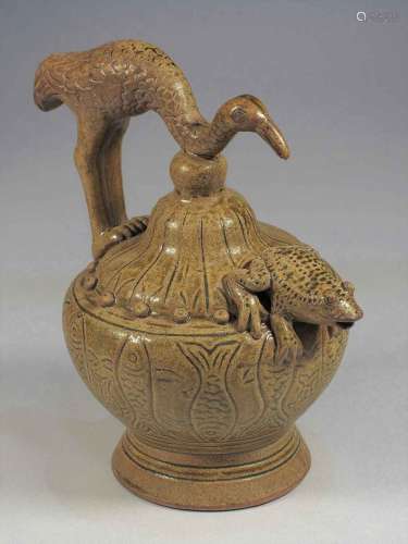 Celadon Reverse-Flow Ewer with Stork Handle, Eastern Han-Six Dynasties