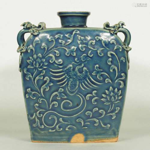 Dragon-Form Handled Flask with Molded Phoenix, Yuan-early Ming Dynasty