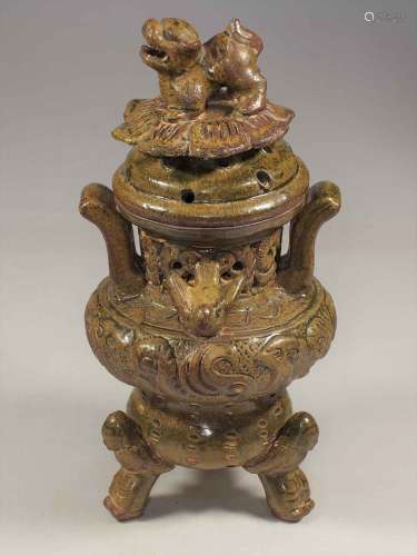 Celadon Tripod Censer with Qilin on Lotus Lid, Eastern Han-Six Dynasties