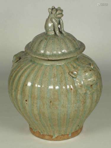 Qingbai Fluted Jar with Foo-Dog Lid, Yuan Dynasty.