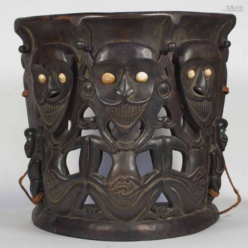 Old Carved Wood Baby Carrier with Human Design, Dayak Borneo