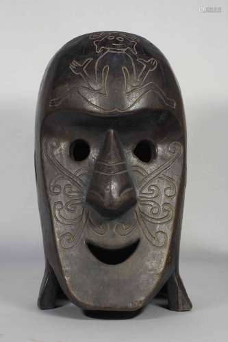 Old Carved Wood Mask with Incised Design, Dayak Borneo