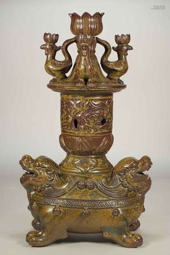 Large Lamp with Moulded Lotus, Qilin and Phoenix, late Six Dynasties