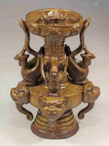 Lamp with Four Qilin-Heads and Phoenixes, Eastern Han-Six Dynasties