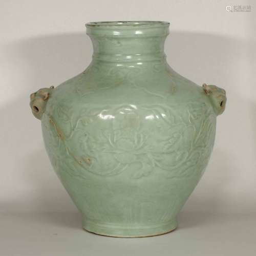 Longquan Hu-form Jar with Carved Peony Scroll, early Ming Dynasty