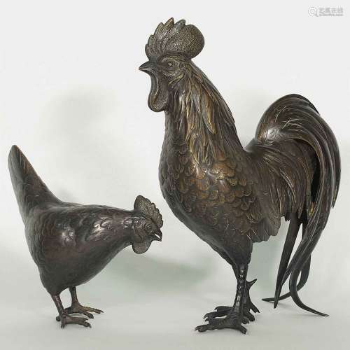 Rooster and Hen Bronze, Artist Mark, Meiji Period