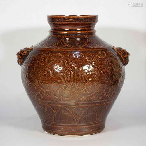 Lion-Head Handled Jar with Carved Peony Design, Yuan-early Ming Dynasty.