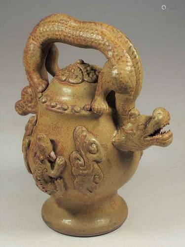 Celadon Reverse-Flow Ewer with Dragon Handle, Eastern Han-Six Dynasties