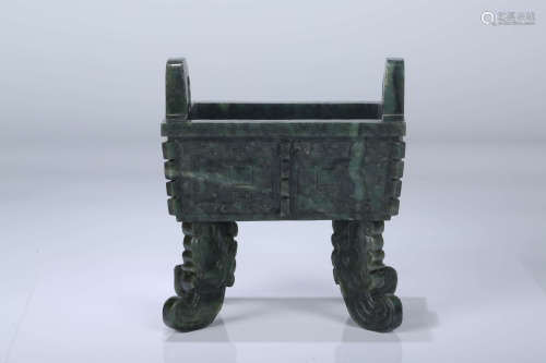 A Chinese Carved Jade Quadruped Square Pot