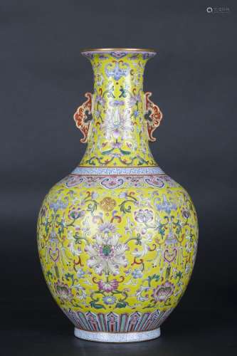 A Chinese Yellow Ground Famille Rose Porcelain Vase
