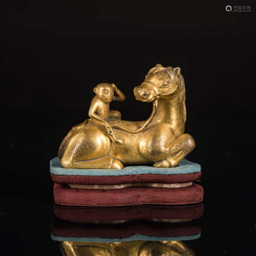 19th Antique Gilt Bronze Horse and Monkey