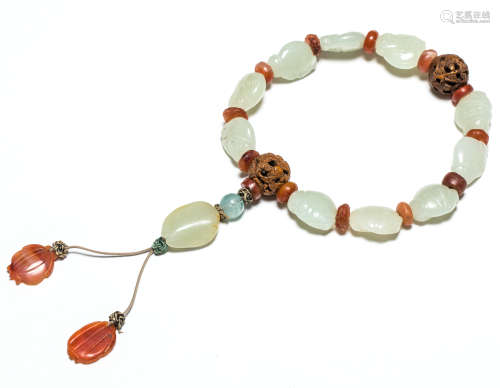 18-19th Antique Carved White Jade Prayer Beads