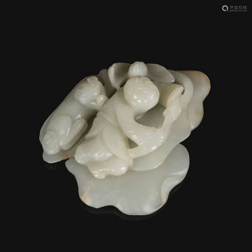 19th Antique Carved Jade Boy and Lotus