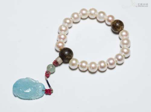 18th Antique Pearl Prayer Beads with Aquamarine Pendant