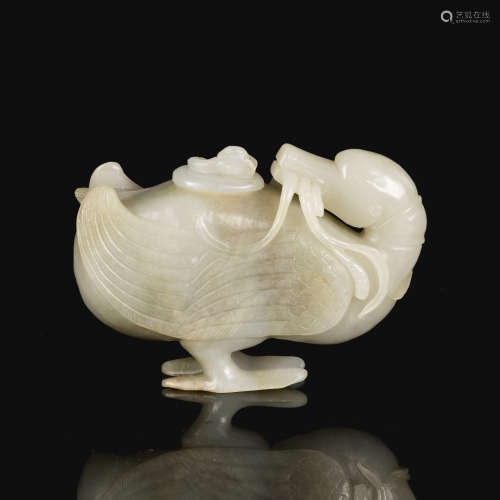 19th or Later Chinese Antique Celadon Jade Duck Shape Vase
