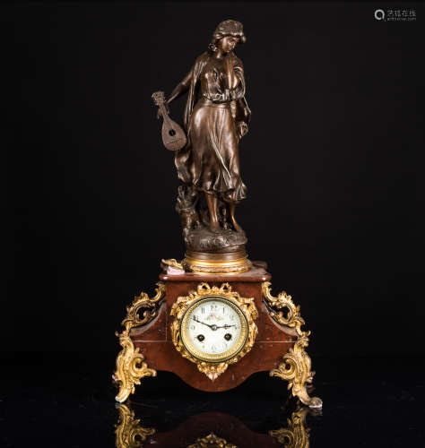 19th Antique Gilt Metal Clock with Bronze Figure