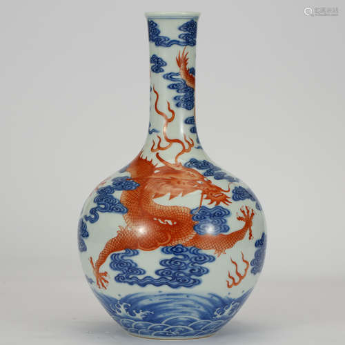 CHINESE BLUE WHITE IRON RED DRAGON VASE