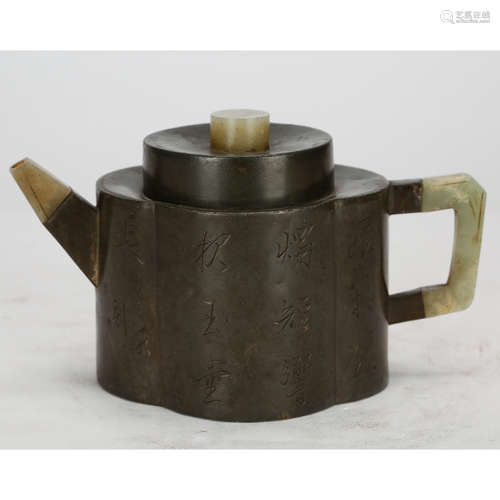 CHINESE PEWTER TEAPOT WITH JADE INLAID