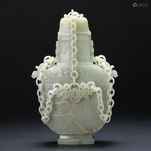 CHINESE CELADON WHITE JADE CHAIN VASE