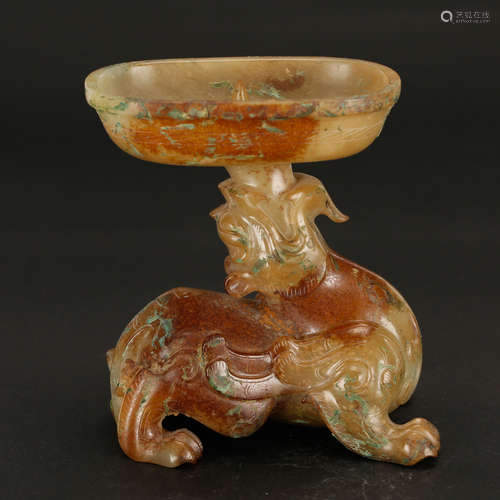 CHINESE ARCHAIC JADE BEAST CANDLE STAND