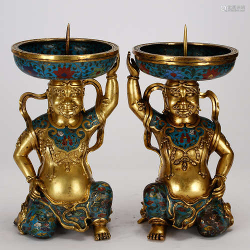 CHINESE BRONZE ENAMEL CANDLE STANDS, PAIR