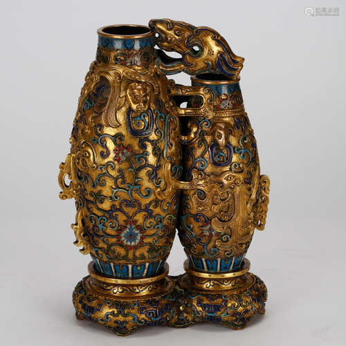 CHINESE GILT BRONZE ENAMEL TWIN VASE