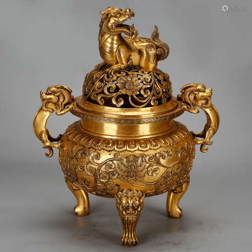 CHINESE GILT BRONZE FOOLION CENSER